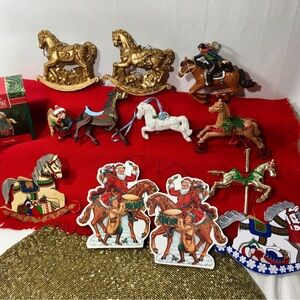 Vintage Lot of 11 Horse Christmas Ornaments Wood Resin Plastic Hallmark Carousel